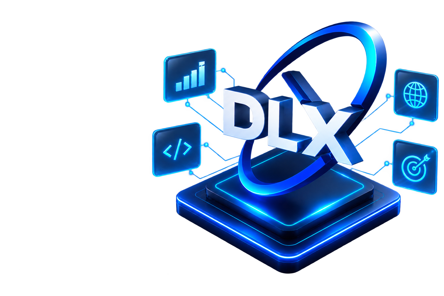 3D DLX logo mark surrounded by digital marketing and development icons